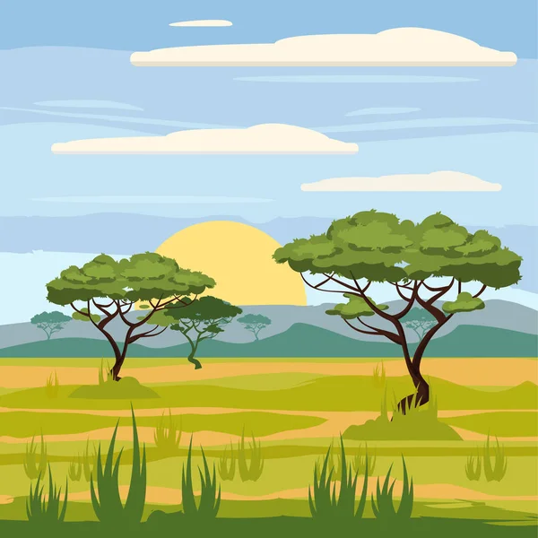 Afrykański krajobraz, savannah, natura, drzewa, bezdroża, stylu cartoon, ilustracja wektorowa — Wektor stockowy
