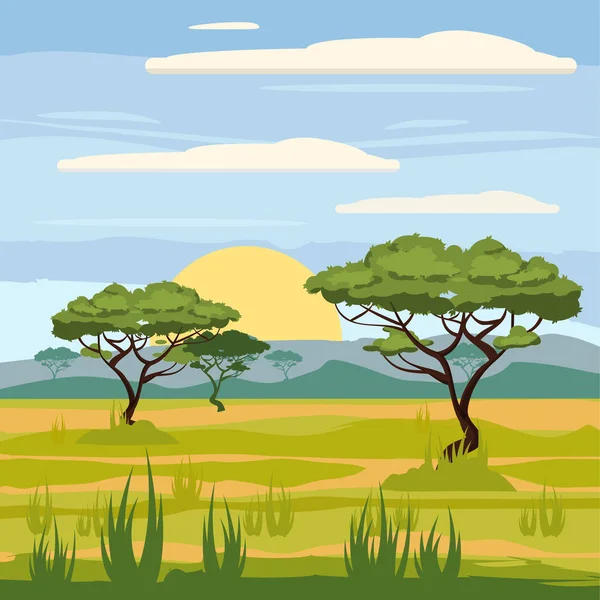 Afrika manzara, savannah, Doğa, ağaçlar, vahşi, karikatür tarzı, vektör çizim