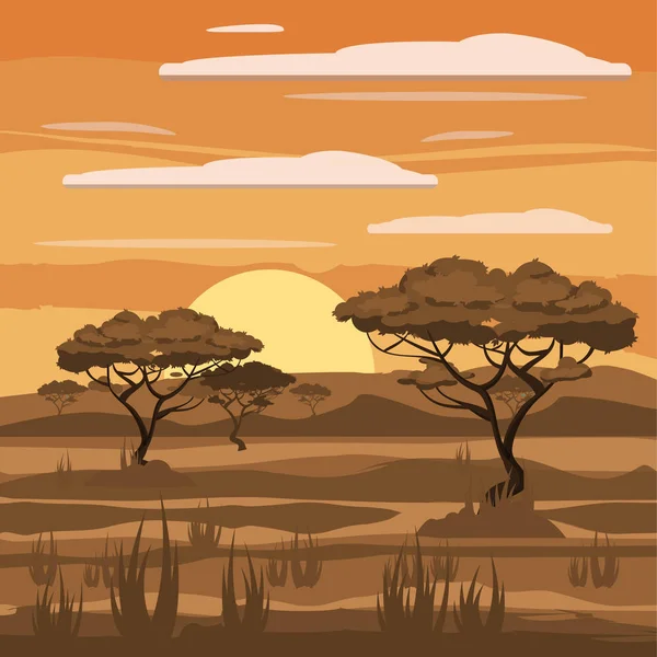 African landscape, sunset, savannah, nature, trees, wilderness, cartoon style, vector illustration