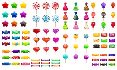 Süp farklı şeker beyaz arka plan sert şekerlemeler badem jöle fasulye nane şeker üzerinde ayarla. Vektör çizim,