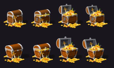 Set old pirate chests full of treasures, gold coins, vector, cartoon style, illustration, isolated. For games, advertising applications clipart