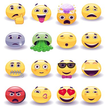 İfadeler kümesi. Emoji kümesi. Simgeler gülümse. Beyaz arka plan üzerinde izole vektör çizim