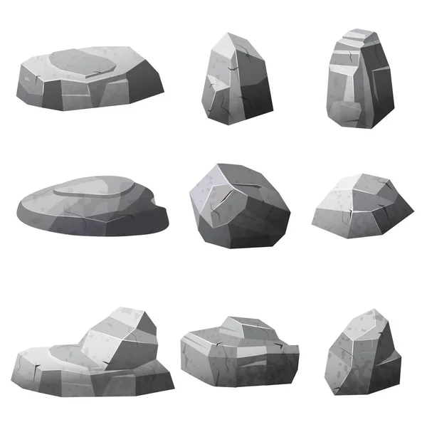 Rocce e pietre singole o ammucchiate per danni e macerie per la progettazione di architetture d'arte di gioco, stile cartone animato, isolato — Vettoriale Stock