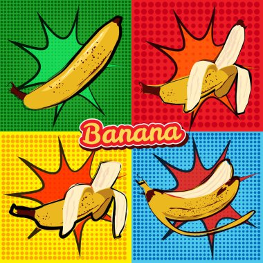 Banana opened banana bitten banana peel banana pop art vector illustration, isolated clipart
