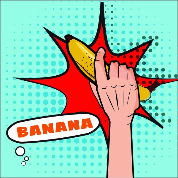 Banana, a mão tem uma fruta, estilo pop art. Vetor, ilustração, isolado — Vetor de Stock
