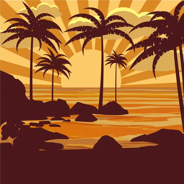 Vetor floral fundo tropical com palmeiras, silhuetas de palmeiras, praia, mar, oceano, vetor, isolado, cartaz, cartaz, cartão —  Vetores de Stock