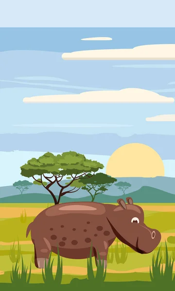 Hippo cute cartoon stijl in achtergrond savannah Afrika, geïsoleerd, vector — Stockvector