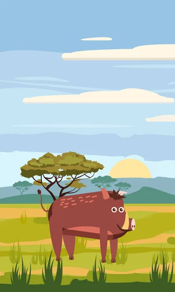 Wild zwijn cute cartoon stijl in achtergrond savannah Afrika, geïsoleerd, vector — Stockvector