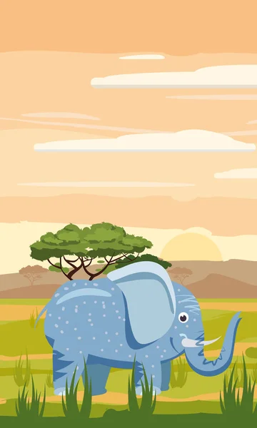 Olifant cute cartoon stijl in achtergrond savannah Afrika, geïsoleerd, vector — Stockvector