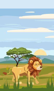 Sevimli çizgi aslan arka plan üzerinde savannah Afrika resimde manzara, vektör, izole