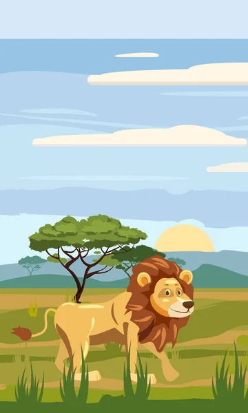 León de dibujos animados lindo en el paisaje de fondo savannah África ilustración, vector, aislado — Vector de stock