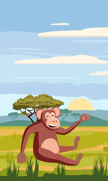 Macaco de desenho animado bonito na paisagem de fundo savana África ilustração, vetor, isolado — Vetor de Stock
