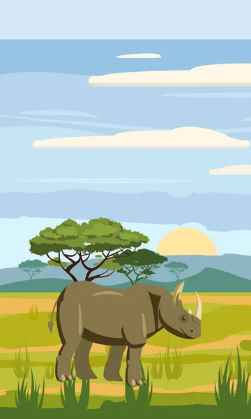 Schattige cartoon rhiniceros op achtergrond landschap savannah Afrika illustratie, vector, geïsoleerd — Stockvector