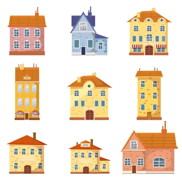 Conjunto de lindo colorido casas vector illustration.Vector dibujos animados edificios ilustración — Archivo Imágenes Vectoriales