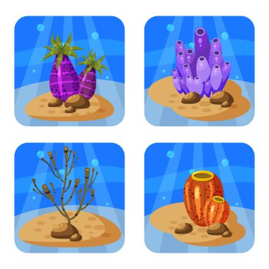 Renkli mercan ve mavi bir arka plan üzerinde yosun kümesi. Doğal sualtı vektör çizim. İzole karikatür tarzı