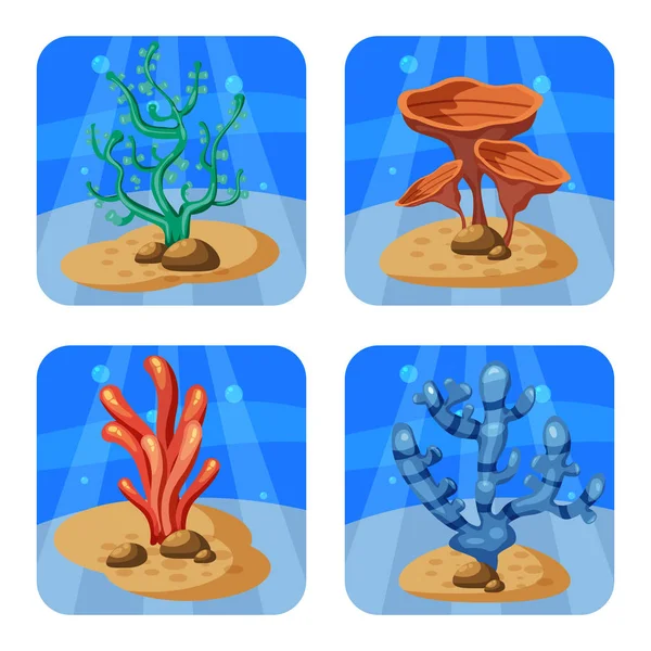 Conjunto de corais e algas coloridas sobre um fundo azul. Ilustração natural do vetor subaquático. Estilo dos desenhos animados, isolado — Vetor de Stock
