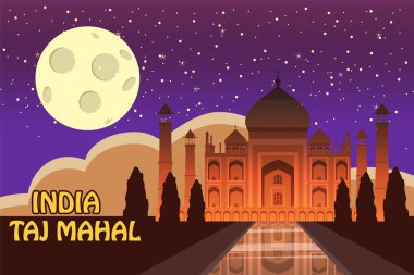 Taj Mahal'ı. Agra Hint şehir Uttar Pradesh Yamuna Nehri'nin güney yakasında beyaz mermer Türbesi. Yıldızlı gökyüzü. İyi geceler. Vektör çizim.