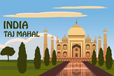 Taj Mahal'ı. Agra Hint şehir Uttar Pradesh Yamuna Nehri'nin güney yakasında beyaz mermer Türbesi. Yıldızlı gökyüzü. Vektör çizim. İzole