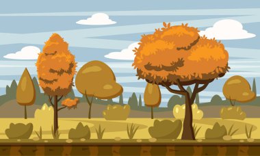 Sonbahar manzara ağaçlar ve sonbahar yaprakları, vektör çizim, karikatür tarzı