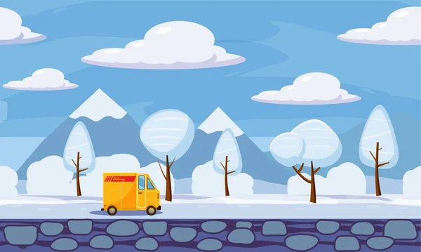 Winterlandschaft Bäume und Schnee, Lieferung, Spur, ähnlich, Vektorillustration, Cartoon-Stil, isoliert — Stockvektor