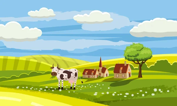 Carino paesaggio rurale con fattoria, mucca, fiori, colline, villaggio, stile cartone animato, vettore, isolato — Vettoriale Stock