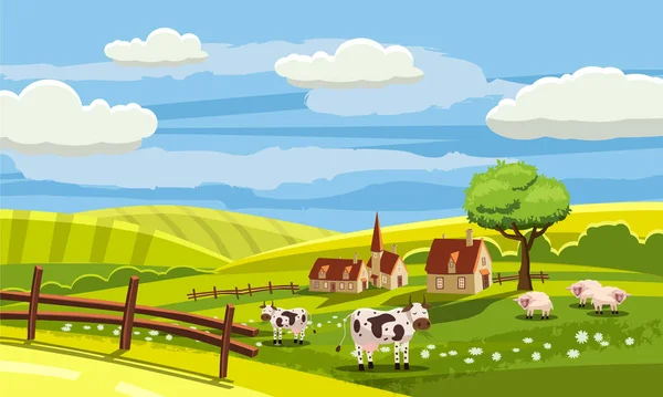 Cute rural landscape with farm, cow, flowers, hills, village, cartoon  style, vector, isolated - Stock Image - Everypixel