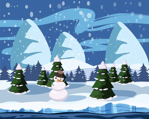 Schattig winterlandschap, sneeuwpop, kerstbomen in de sneeuw, de rivier, de bergen, de vector, de illustratie, geïsoleerd, cartoon stijl — Stockvector