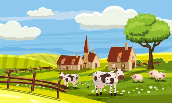 Lindo paisaje rural con granja, vaca, flores, colinas, pueblo, estilo de dibujos animados, vector, aislado — Vector de stock