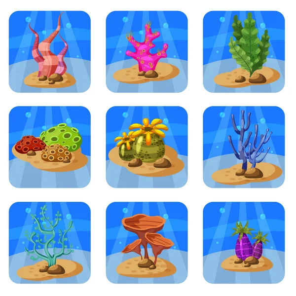 Set kleurrijke koralen en algen op een blauwe achtergrond. Natuurlijke onderwater vectorillustratie. Cartoon stijl, geïsoleerd — Stockvector