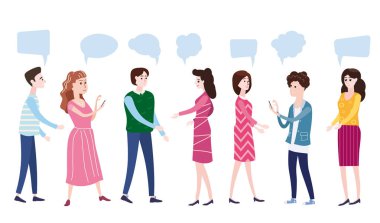 Vektör çizim, modern karikatür tarzı, işadamları tartışmak sosyal ağ, Haberler, sosyal ağlar, sohbet, diyalog konuşma balonları, karakterler, izole