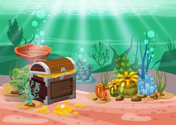 Underwater landscape. The ocean and the undersea world with different inhabitants, corals and pirate chest . Web and mobiles game design or screen savers. Cartoon style, isolated