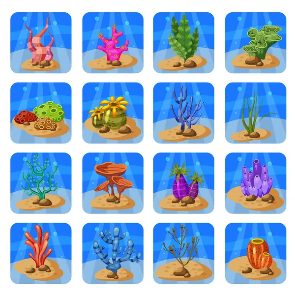 Conjunto de corais e algas coloridas sobre um fundo azul. Ilustração natural do vetor subaquático. Estilo dos desenhos animados, isolado — Vetor de Stock