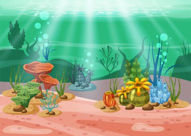 Sualtı illüstrasyon ve yaşam. deniz yaşamı güzellik. Yosun ve mercan resifleri güzel ve renkli, vektör, izole, karikatür tarzı vardır