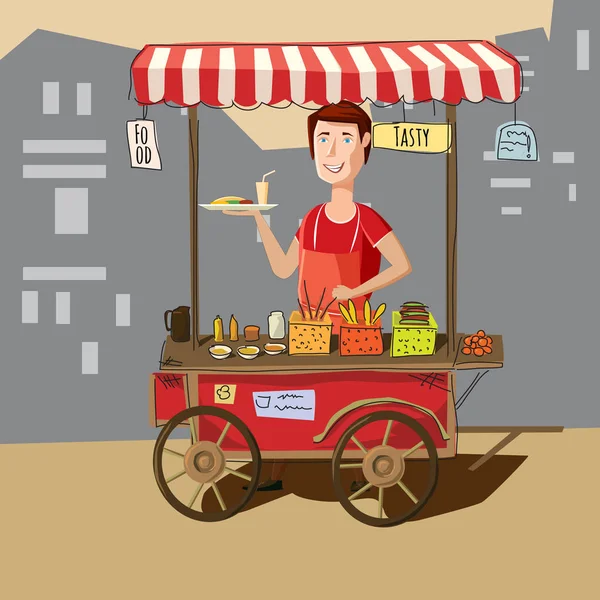 Vendedor carrito de comida callejera, deliciosa hamburguesa jugosa con ingredientes, en paquete, vector, ilustración, aislado — Archivo Imágenes Vectoriales