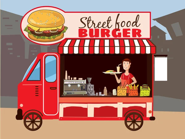 Sprzedawcy uliczni samochodu, pyszne soczyste burger ze składników, w pakiecie, wektor, ilustracja — Wektor stockowy