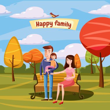 Park açık havada, tezgah, manzara retro karikatür vektör çizim yürüme yürümeye başlayan çocuk ile genç Aile