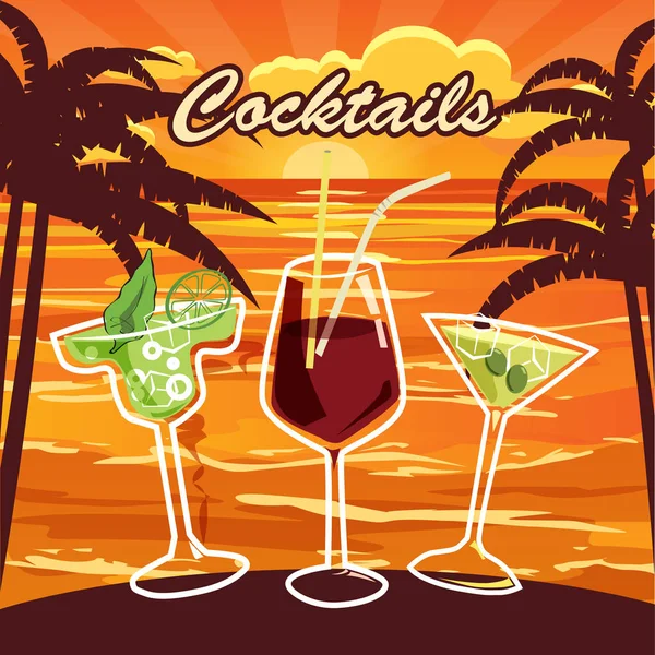 Ensemble de belles illustrations de certains des cocktails et boissons les plus célèbres du monde entier, coucher de soleil, océan, palmiers, icône, illustration vectorielle — Image vectorielle