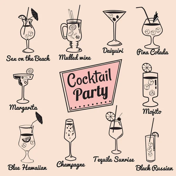 Conjunto de dez belas ilustrações de alguns dos mais famosos coquetéis e bebidas de todo o mundo, ícone, ilustração vetorial — Vetor de Stock