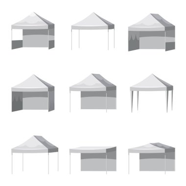 Set gölgelik döken çıkıntı tente mockup küme. Stil illüstrasyon izole 9 gölgelik döken çıkıntı tente örnekler promosyon açık olay ticaret göstermek açılır çadır mobil Marquee, çizgi film