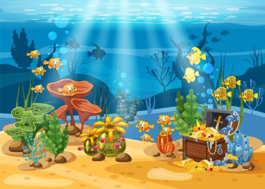 Underwater treasure, chest at the bottom of the ocean, gold, jewelry on the seabed. Underwater landscape, corals, seaweed, tropical fish, vector, cartoon style, isolated clipart