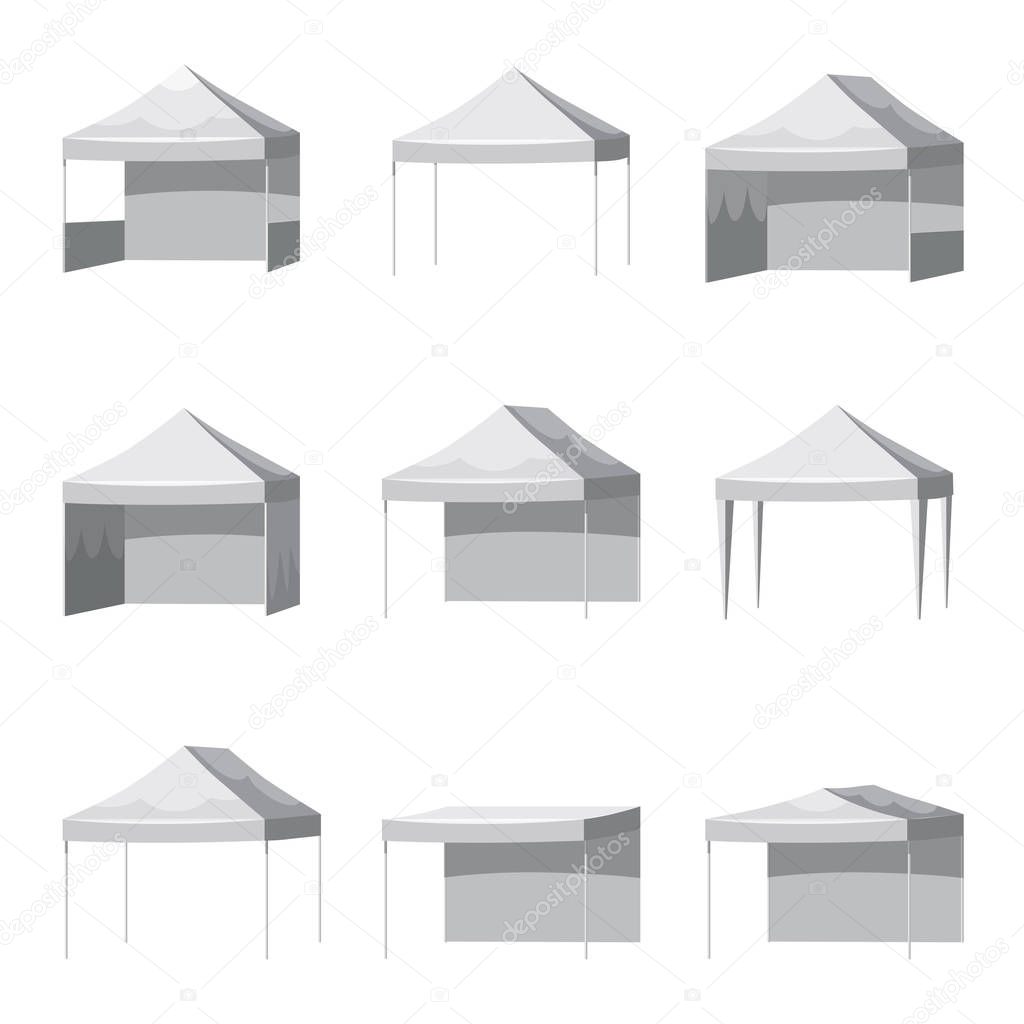 Set canopy shed overhang awning mockup set. Cartoon style illustration of 9 canopy shed overhang awning mockups promotional outdoor