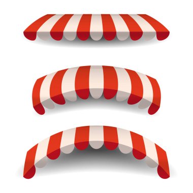 Çizgili kırmızı beyaz tenteler, saçak deposu için kümesi. Tente sokak restoranlar ve kafeler için. Beyaz arka plan üzerinde izole vektör çizim. İzole