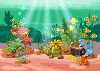 Sualtı hazine, göğüs okyanus, altın, Takı üzerinde deniz dibinin dibinde. Sualtı manzara, mercanlar, deniz yosunu, tropikal balık, izole vektör, karikatür tarzı,