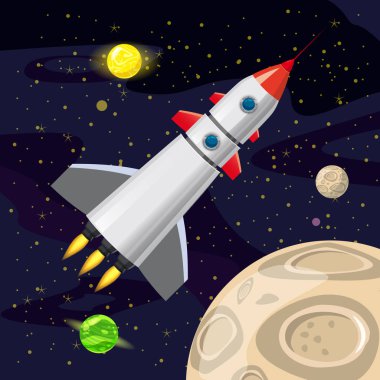 Uzay roket fırlatma, uzay gemisi, uzay arka plan, karikatür tarzı, vektör çizim