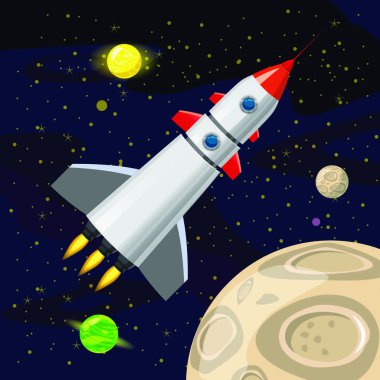 Uzay roket fırlatma, uzay gemisi, uzay arka plan, karikatür tarzı, vektör çizim