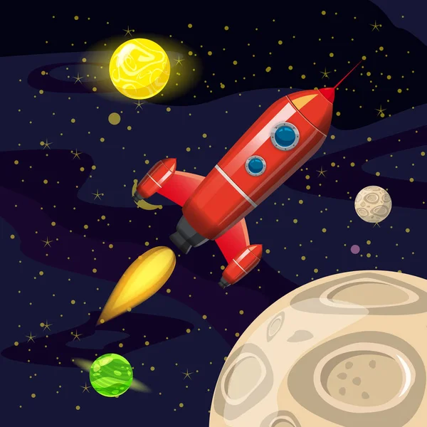Uzay roket fırlatma, uzay gemisi, uzay arka plan, karikatür tarzı, vektör çizim