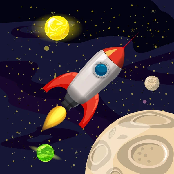 Uzay roket fırlatma, uzay gemisi, uzay arka plan, karikatür tarzı, vektör çizim