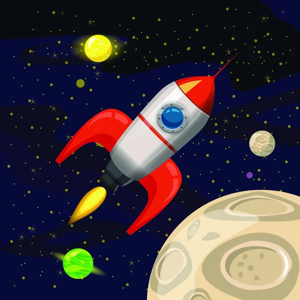 Uzay roket fırlatma, uzay gemisi, uzay arka plan, karikatür tarzı, vektör çizim