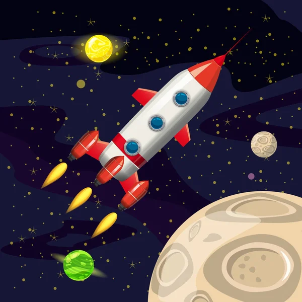 Space rocket launch, spaceship, space background, cartoon style, Vector