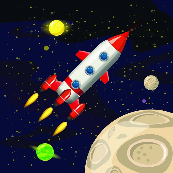 Weltraumraketenstart, Raumschiff, Weltraum Hintergrund, Cartoon-Stil, Vektorillustration — Stockvektor